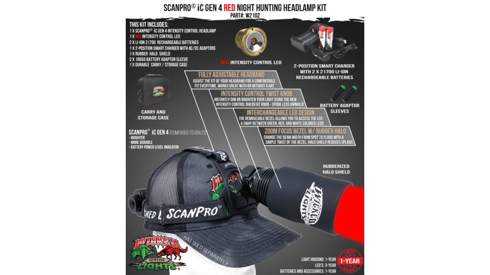 Wicked Hunting Lights ScanPro iC GEN4 LED Red Night Hunting Headlamp, Black, W2102