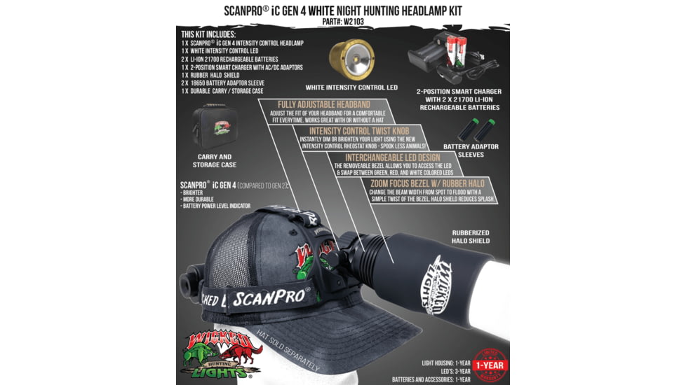 Wicked Hunting Lights ScanPro iC GEN4 LED White Night Hunting Headlamp, Black, W2103