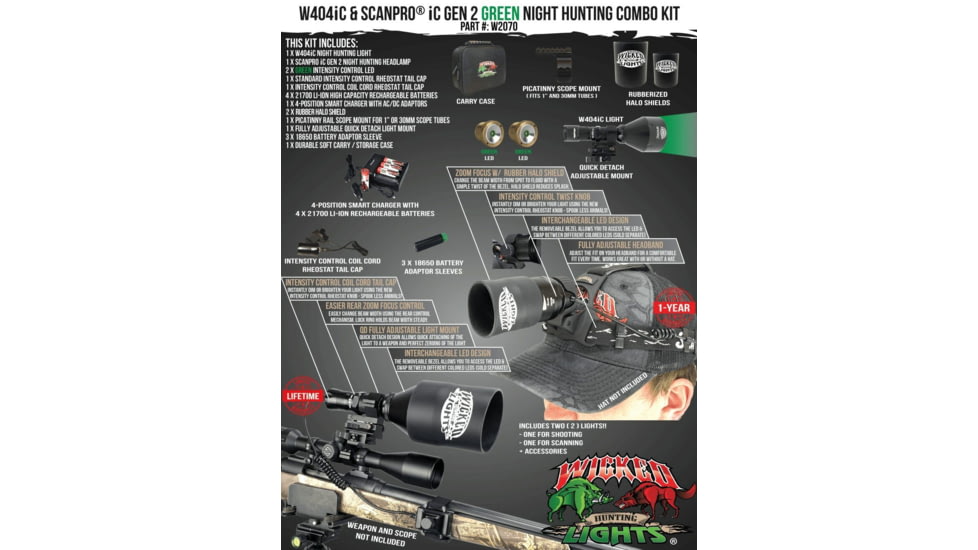 Wicked Hunting Lights W404iC and ScanPro iC Gen 2 Headlamp Green LED Hinght Hunting Light Kit Combo Pack, W2070