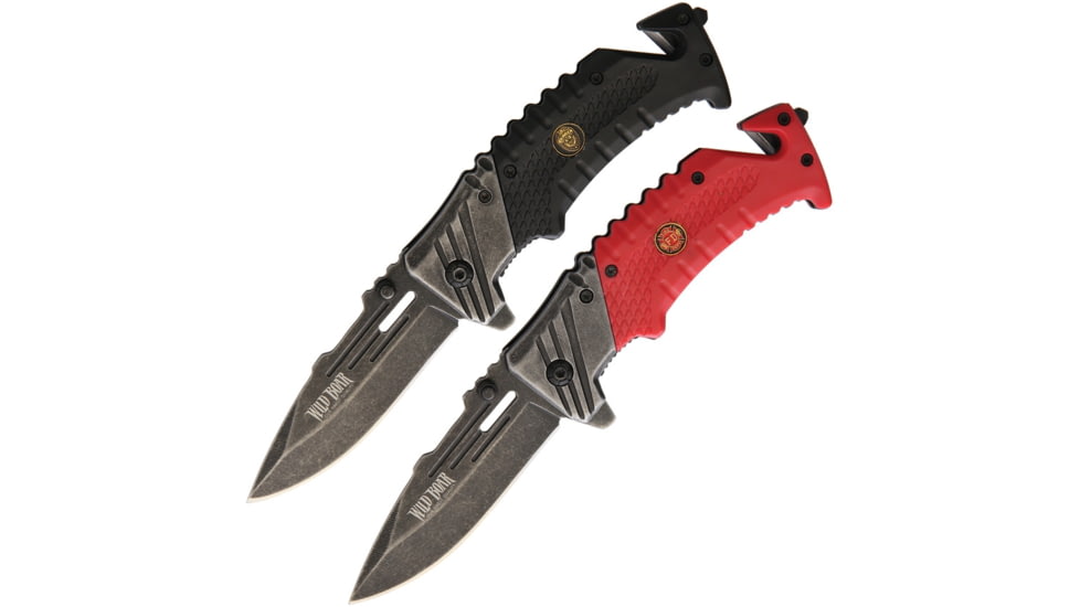 Wild Boar First Responders Set, A/O 4.5in Closed, 3.25in Black Stonewash SS Drop Point, Textured ABS Handle, Black With Police Shield Handles, K2782BK/K2782RD -WB1020