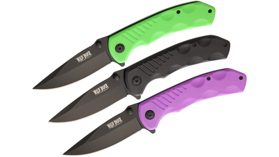 Wild Boar Linerlock Folding Knife Set, Three Piece Set, Knives Measure 4 1/2in Closed, 3 1/2in Black SS Blade, Grooved Composite Handles In Black, Purple And Green, Black SS Pocket Clip, WB1006