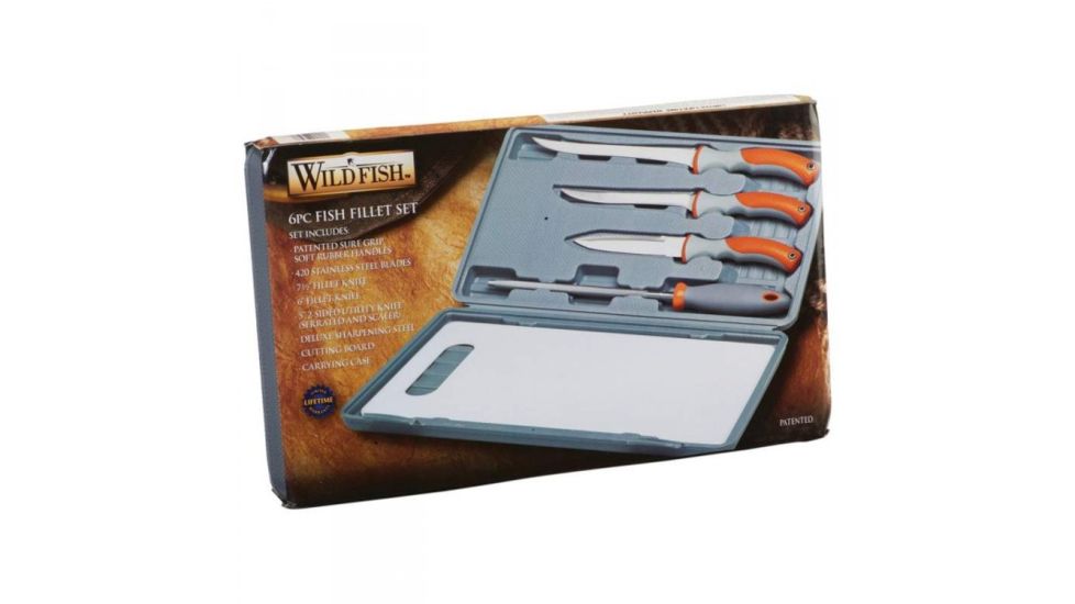 Wild Fish 6pc Fish Fillet Knife Set - 6in and 7.5in Fillet Knives,Utility Knife, Sharpening Steel Rod, Cutting Board and Case WFFHSET