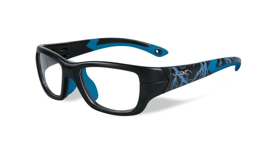 Wiley X Youth Force Flash Sunglasses,Matte Black w/Lightning/Electric Blue,Clear Lens YFFLA04
