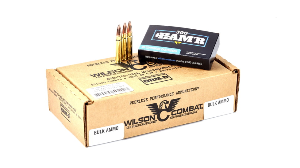 Wilson Combat Hornady FMJ 300 HAMR 125 Grain Brass Cased Pistol Ammo, 200 Round, A300HMR-125-FMJ-BLK-200RD