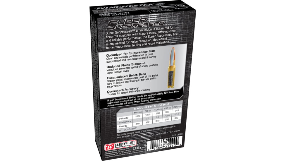 Winchester .308 168 Grain Open Tip Subsonic Brass Case Centerfire Rifle Ammo, WINCSUP308