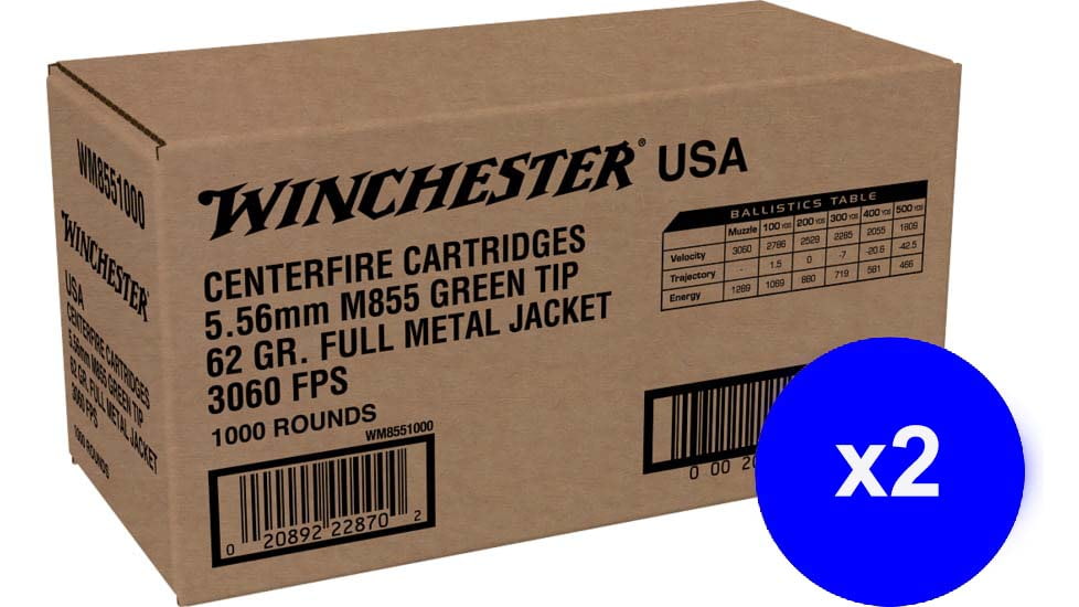 Winchester 5.56x45mm NATO 62 grain Green Tipped Full Metal Jacket Brass Cased Centerfire Rifle Ammo, 2000 Rounds, WM8551000