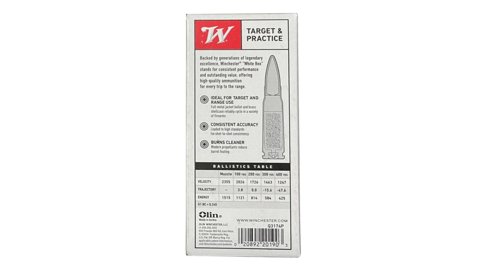 Winchester 7.62x39 mm, 123 grain, Full Metal Jacket, Brass, Centerfire Rifle Ammo, 20, Q3174PX