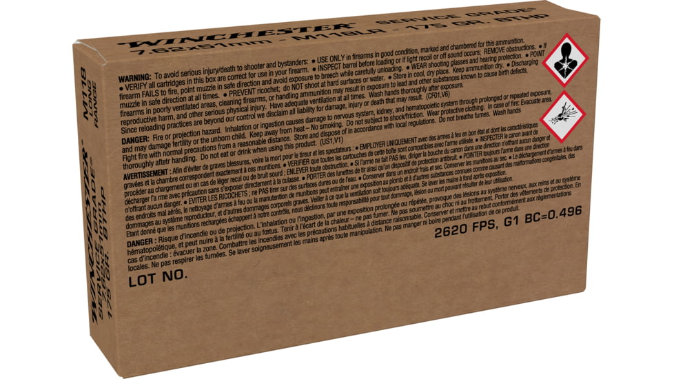 Winchester 7.62X51mm M118 175 BTHP LC Centerfire Rifle Ammo, 20 Round, SGM118LRM