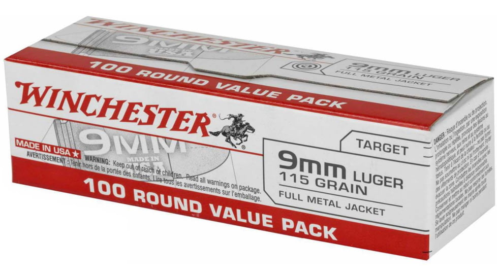 Winchester 9 mm Luger 115 grain Full Metal Jacket Centerfire Pistol Ammo, 100 Rounds, USA9MMVPY