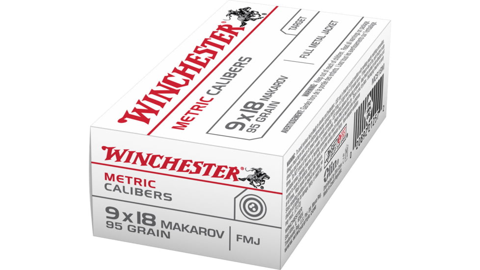 Winchester 9X18 Makarov 95 Grain FMJ Brass Cased Centerfire Rifle Ammo, 50RDS, WINCMC918M