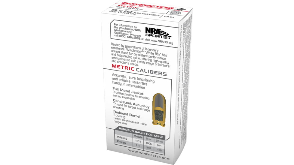 Winchester 9X18 Makarov 95 Grain FMJ Brass Cased Centerfire Rifle Ammo, 50RDS, WINCMC918M