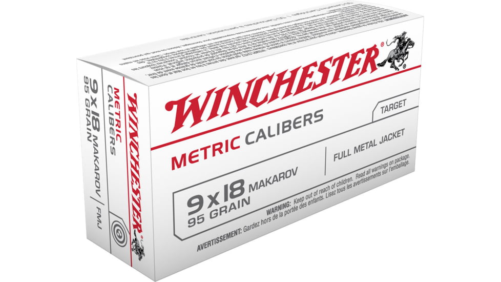 Winchester 9X18 Makarov 95 Grain FMJ Brass Cased Centerfire Rifle Ammo, 50RDS, WINCMC918M