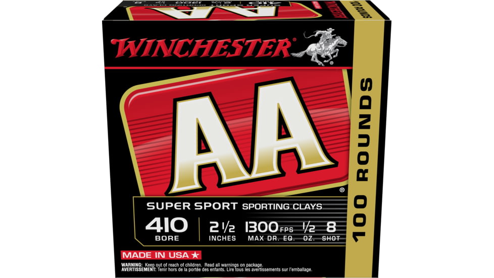 Winchester AA, .410 Bore, 1/2 oz, 2.5in, 8 Shot, Centerfire Shotgun Ammo, 100 Rounds, AASC418VP