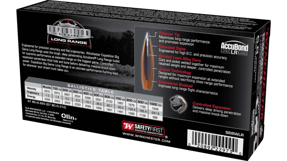 Winchester Expedition Big Game Long Range Long Range 6.8 Western 165 Grain Centerfire Rifle Ammo, 20 Rounds, S68WLR