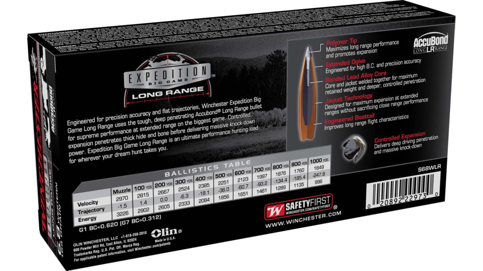 Winchester Expedition Big Game Long Range Long Range 6.8 Western 165 Grain Centerfire Rifle Ammo, 20 Rounds, S68WLR