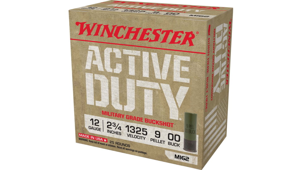 Winchester Active Duty 12 Gaude 9 Pellet 2.75in #00 Buck Shotgun Buckshot Ammo, 25 Rounds, WIN1200MG