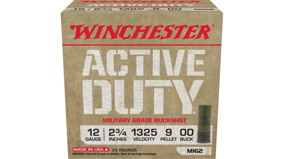 Winchester Active Duty 12 Gaude 9 Pellet 2.75in #00 Buck Shotgun Buckshot Ammo, 25 Rounds, WIN1200MG