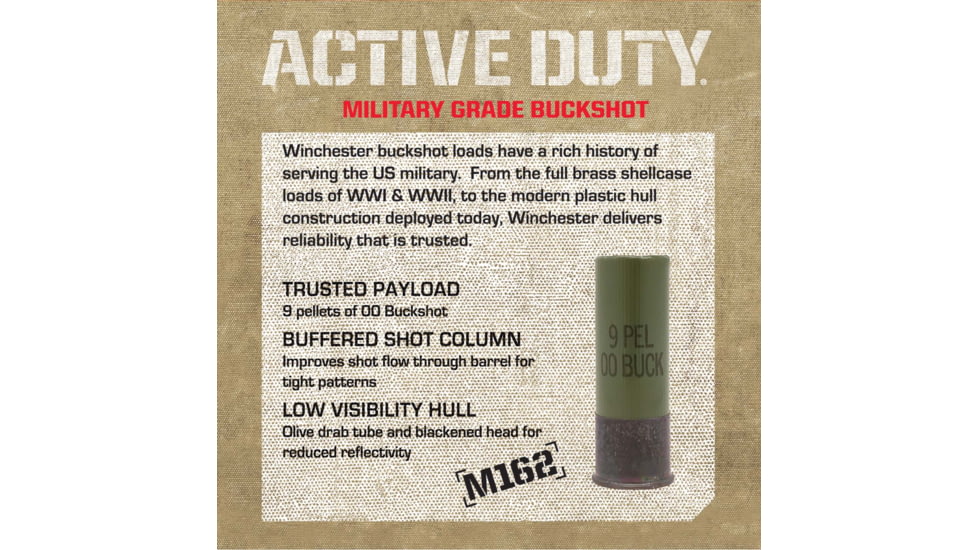 Winchester Active Duty 12 Gaude 9 Pellet 2.75in #00 Buck Shotgun Buckshot Ammo, 25 Rounds, WIN1200MG