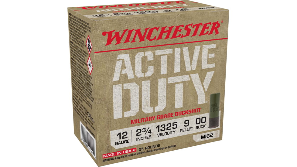 Winchester Active Duty 12 Gaude 9 Pellet 2.75in #00 Buck Shotgun Buckshot Ammo, 25 Rounds, WIN1200MG