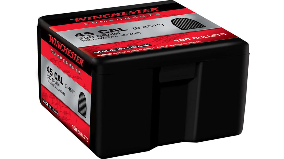 Winchester Ammo Centerfire Handgun Reloading, 45 Cal .451 230 Grain, Full Metal Jacket, 100 Bullets, WB45MC230X
