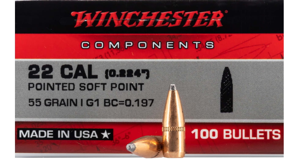 Winchester Ammo Centerfire Rifle Reloading, 223 Rem .224, 55 Grain, 100 Bullets, WB223SP55X