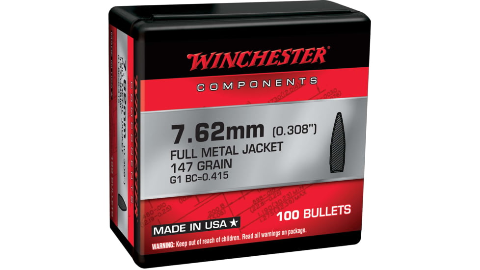 Winchester Ammo Centerfire Rifle Reloading, 7.62mm .308, 147 Grain, 100 Bullets, WB762M147X