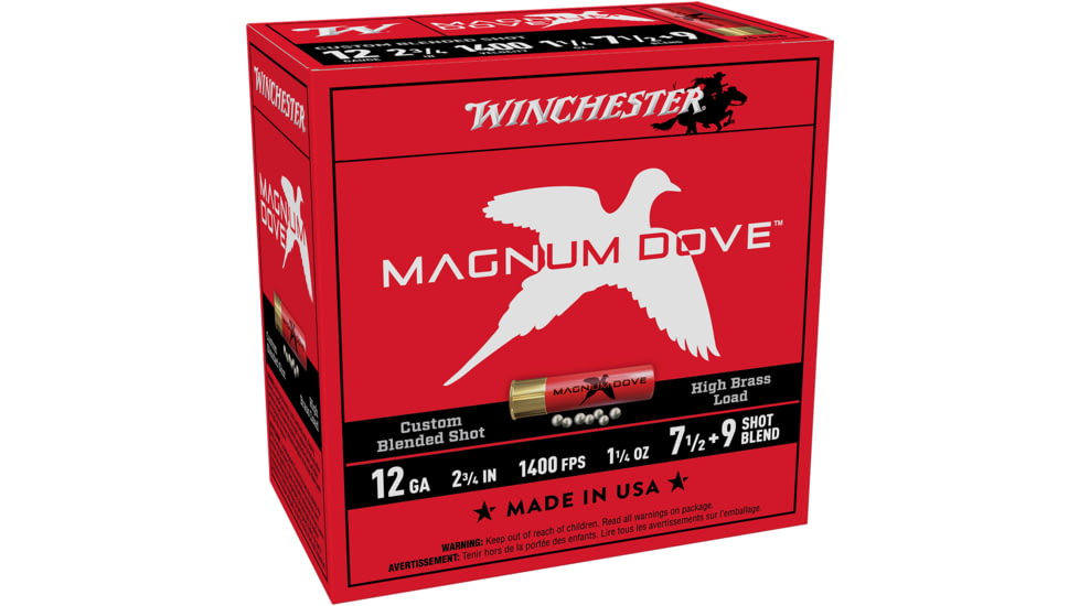 Winchester Magnum Dove 20 Gauge 1oz 2 3/4in Shotgun Ammo, #7.5, #9, 25 Rounds, MD2079