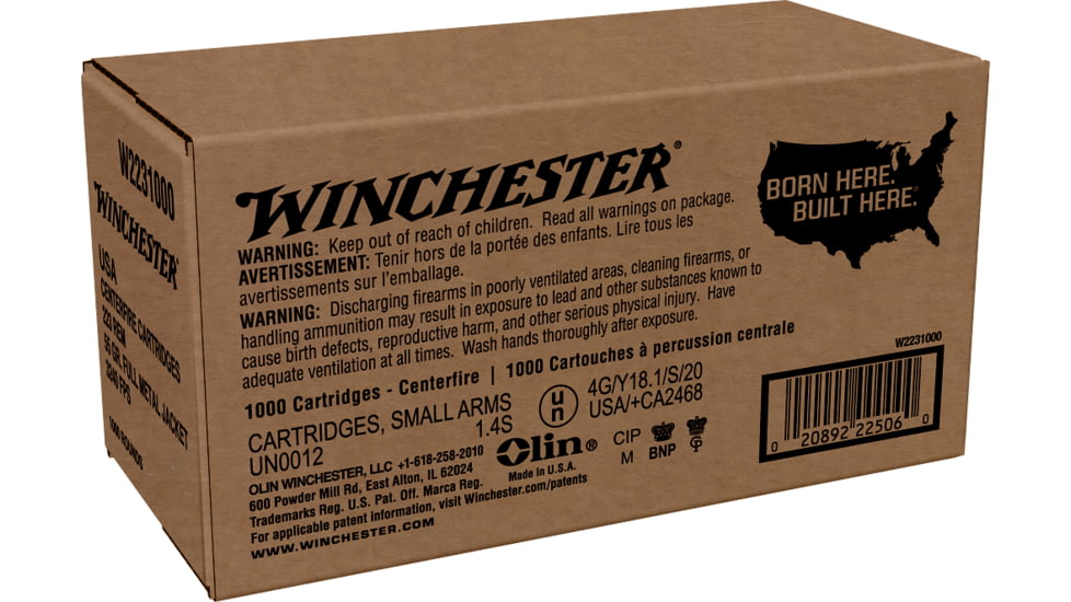 Winchester USA RIFLE .223 Remington 55 Grain Full Metal Jacket Brass Cased Centerfire Rifle Ammo, 1000 Rounds, W2231000