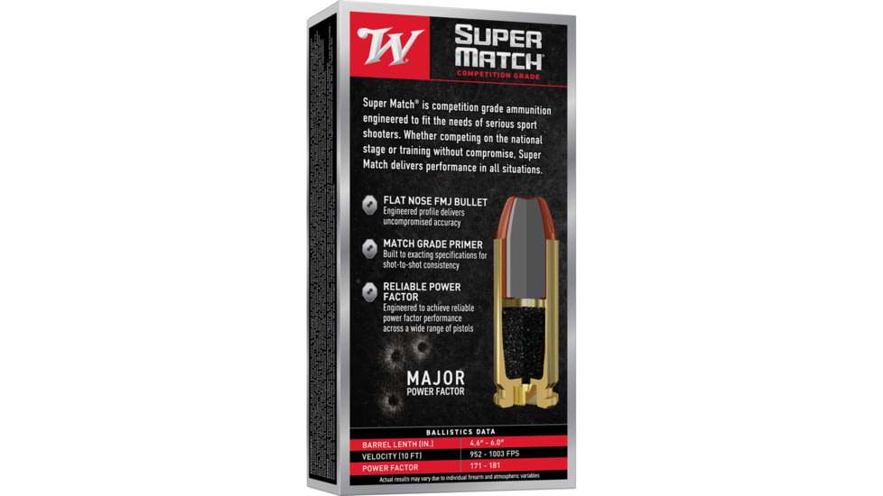 Winchester Ammunition Super Match, 10MM, 180 Grain, Flat Nose Bullet, 50 Round Box SM10FN180