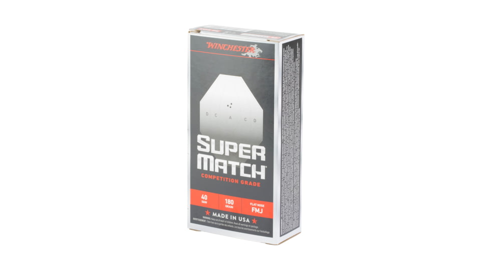 Winchester Ammunition Super Match, 40 S&amp;W, 180 Grain, Flat Nose Bullet, 50 Round Box SM40FN180