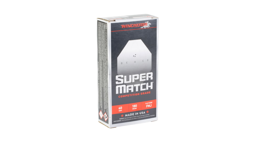 Winchester Ammunition Super Match, 40 S&amp;W, 180 Grain, Flat Nose Bullet, 50 Round Box SM40FN180