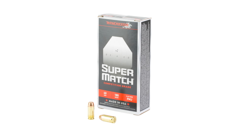 Winchester Ammunition Super Match, 40 S&amp;W, 180 Grain, Flat Nose Bullet, 50 Round Box SM40FN180