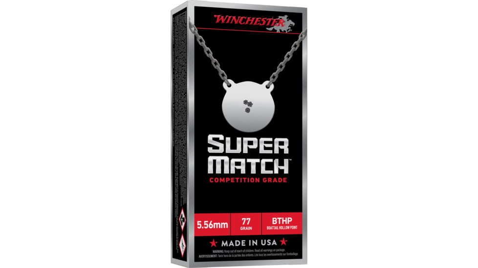 Winchester Ammunition Super Match, 5.56 NATO, 77 Grain, Boat Tail Hollow Point, 20 Round Box SM556