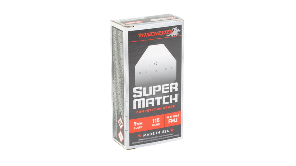 Winchester Ammunition Super Match, 9MM, 115 Grain, Flat Nose Bullet, 50 Round Box SM9FN115