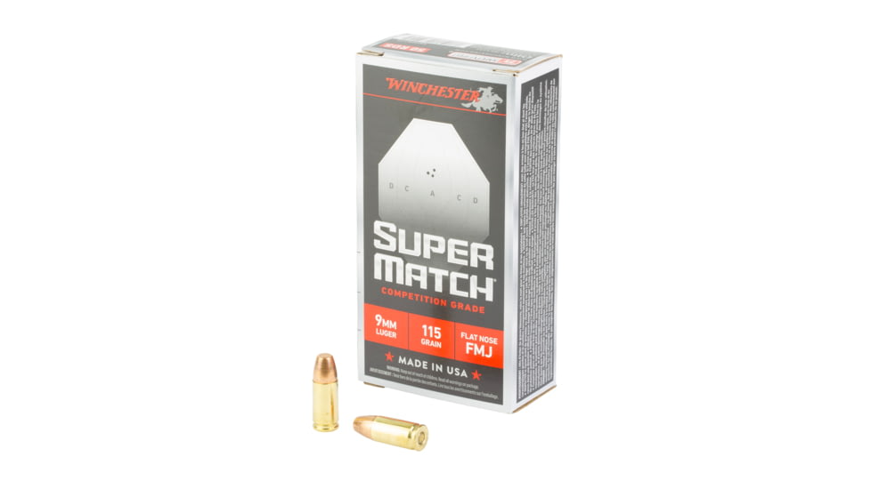 Winchester Ammunition Super Match, 9MM, 115 Grain, Flat Nose Bullet, 50 Round Box SM9FN115