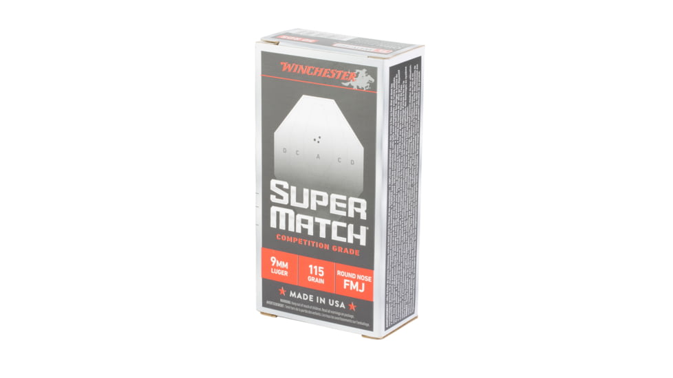 Winchester Ammunition Super Match, 9MM, 115 Grain, Round Nose Bullet, 50 Round Box SM9RN115