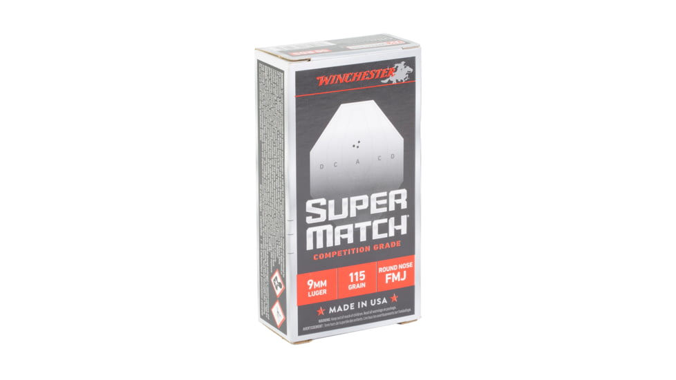 Winchester Ammunition Super Match, 9MM, 115 Grain, Round Nose Bullet, 50 Round Box SM9RN115