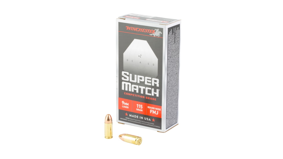 Winchester Ammunition Super Match, 9MM, 115 Grain, Round Nose Bullet, 50 Round Box SM9RN115