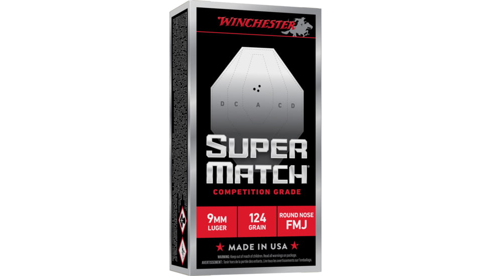 Winchester Ammunition Super Match, 9MM, 124 Grain, Round Nose Bullet, 50 Round Box SM9RN124