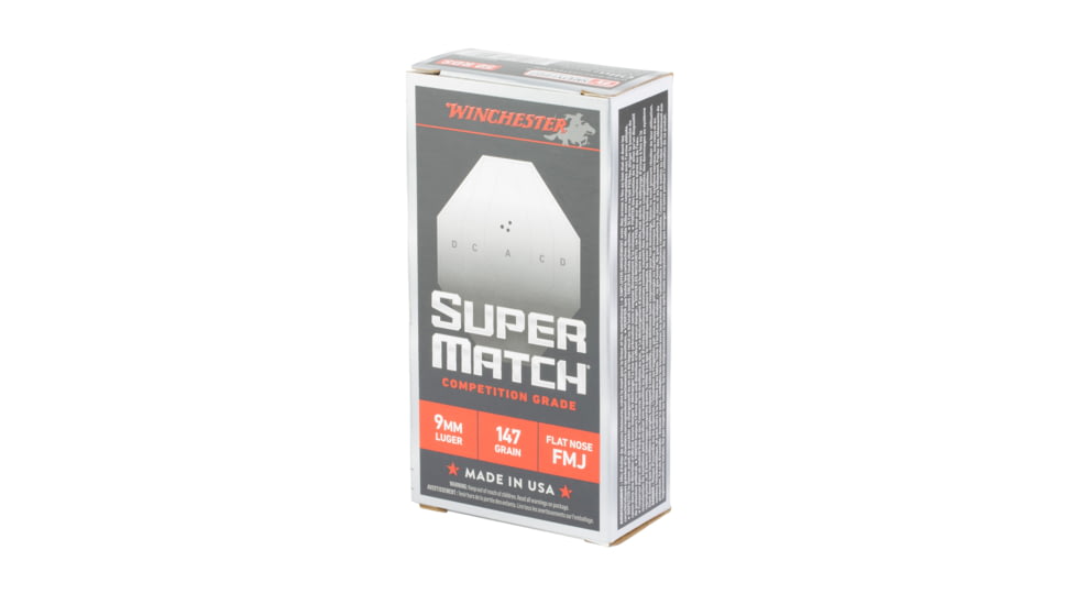 Winchester Ammunition Super Match, 9MM, 147 Grain, Flat Nose Bullet, 50 Round Box SM9FN147