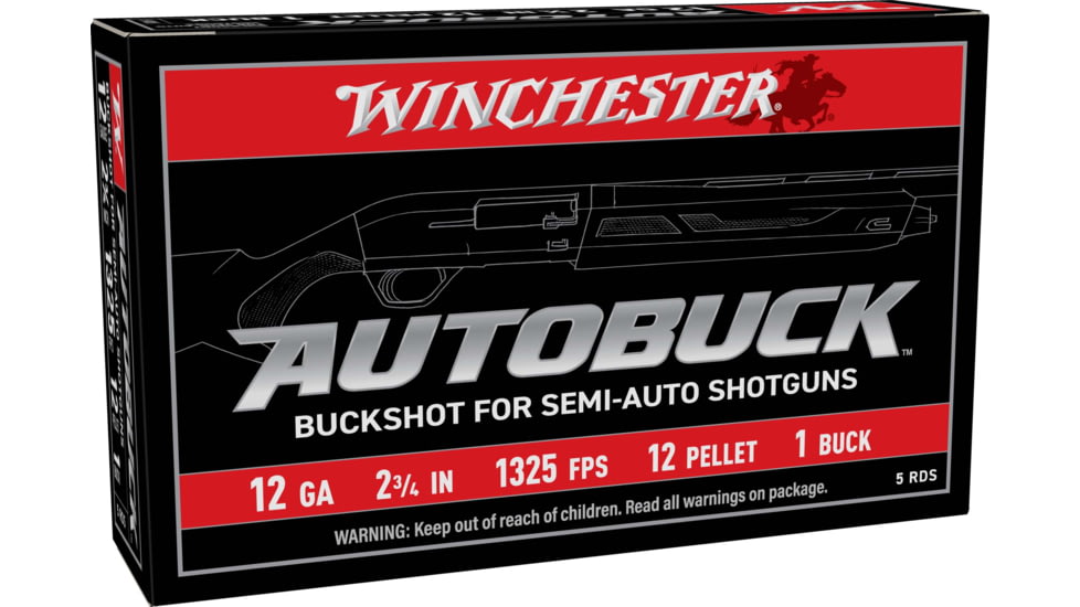 Winchester AutoBuck 12 Gauge 12 Pellet 2 3/4in Buckshot Shotgun Ammo, 1 Buck, 5 Rounds, USAB121