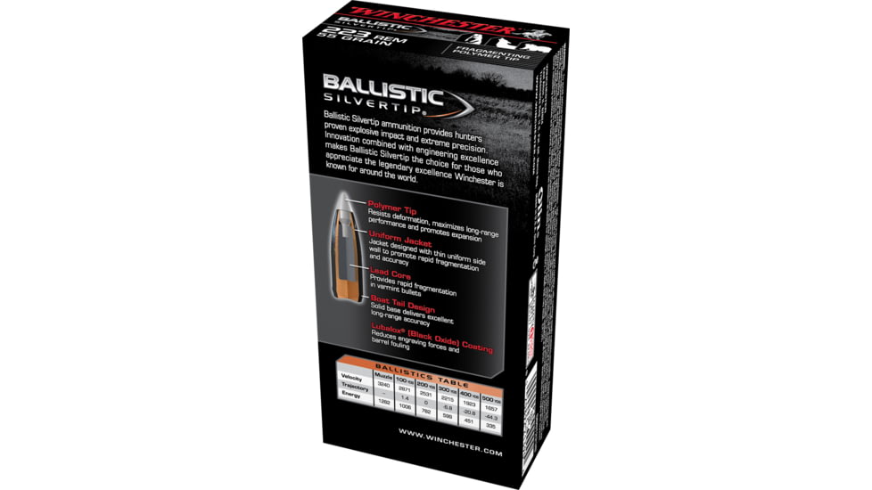 Winchester Ballistic Silvertip .223 Remington 55 grain Fragmenting Polymer Tip Brass Cased Centerfire Rifle Ammo, 20 Rounds, SBST223B