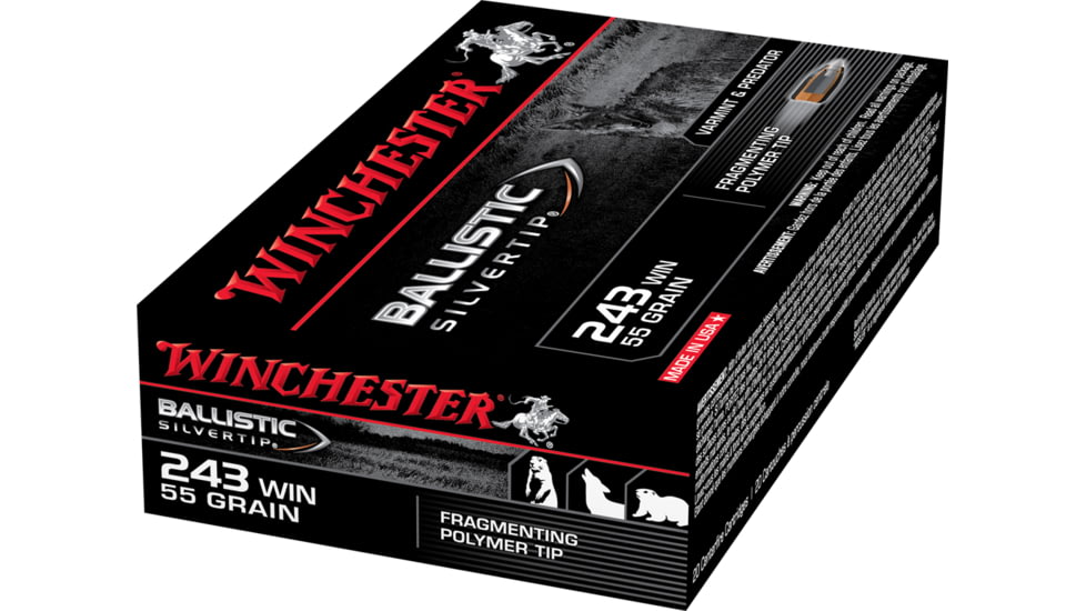 Winchester Ballistic Silvertip .243 Winchester 55 grain Fragmenting Polymer Tip Centerfire Rifle Ammo, 20 Rounds, SBST243