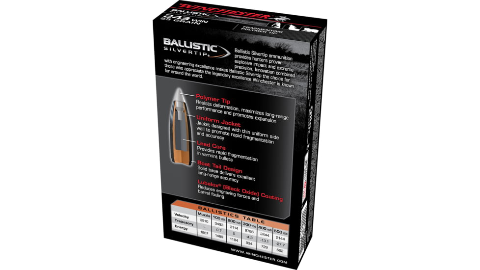 Winchester Ballistic Silvertip .243 Winchester 55 grain Fragmenting Polymer Tip Centerfire Rifle Ammo, 20 Rounds, SBST243