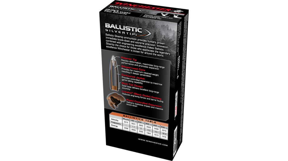 Winchester Ballistic Silvertip .270 Winchester Short Magnum 130 grain Fragmenting Polymer Tip Brass Cased Centerfire Rifle Ammo, 20 Rounds, SBST2705