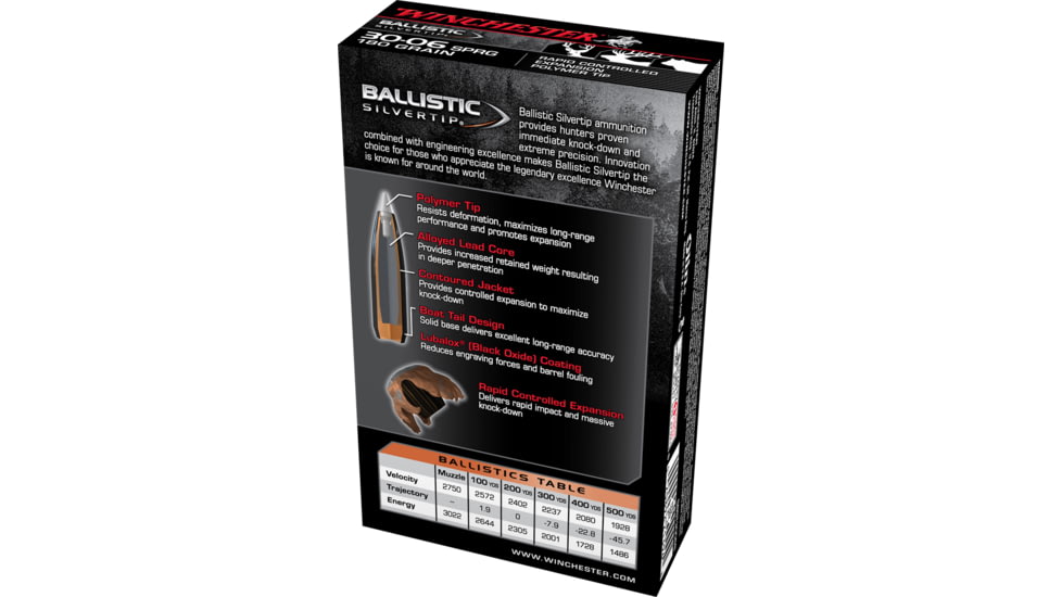 Winchester Ballistic Silvertip .30-06 Springfield 180 grain Fragmenting Polymer Tip Centerfire Rifle Ammo, 20 Rounds, SBST3006B