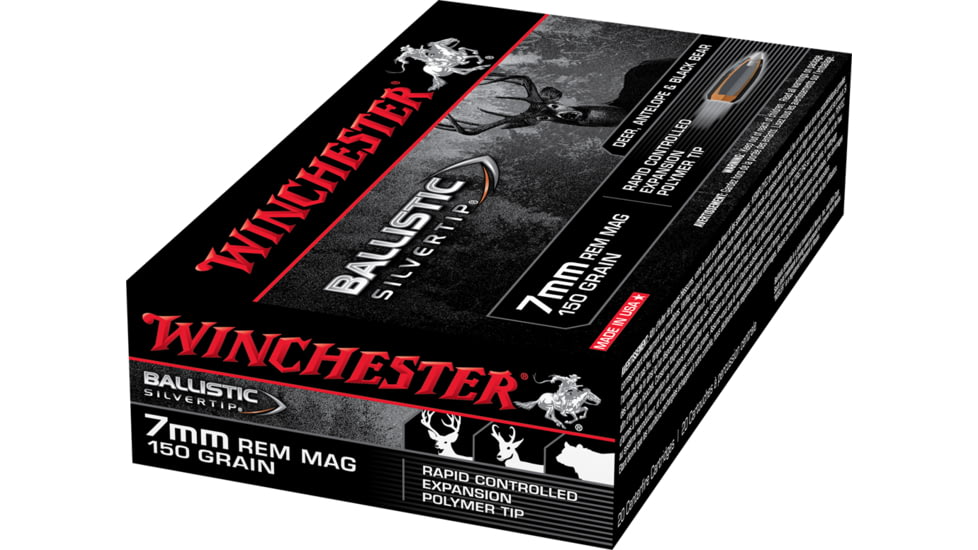 Winchester Ballistic Silvertip 7mm Remington Magnum 150 grain Fragmenting Polymer Tip Brass Cased Centerfire Rifle Ammo, 20 Rounds, SBST7