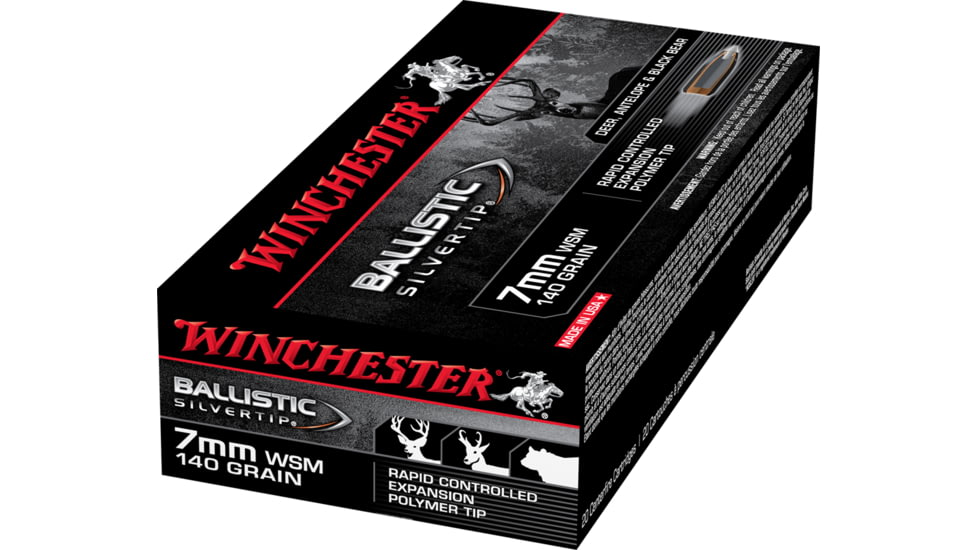 Winchester Ballistic Silvertip 7mm Winchester Short Magnum 140 grain Fragmenting Polymer Tip Brass Cased Centerfire Rifle Ammo, 20 Rounds, SBST7MMS