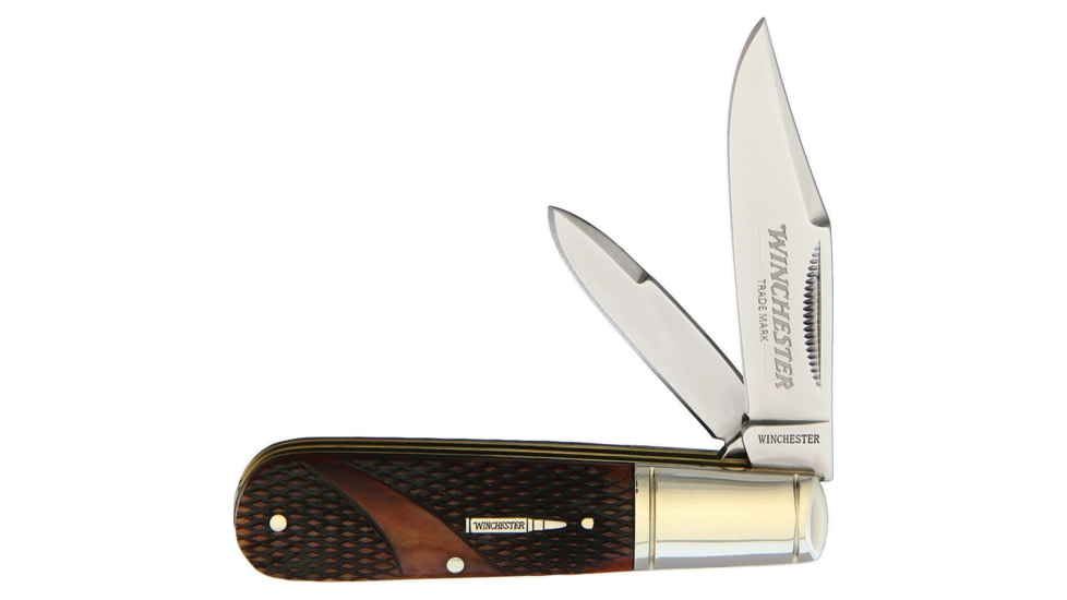 Winchester Barlow Brown Checke Bone Folding Knife, 3.5in Closed, Mirror SS Clip And Pen Blades, Brown Checkered Bone Handle, Gift Boxed, KB211W / WN29120C