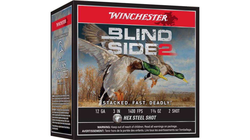 Winchester Blind Side 2 12 Gauge 1 3/8oz, 3in, 2 Shot Size, 1400MV, Shotgun Ammo, 25 Rounds, XBS1232
